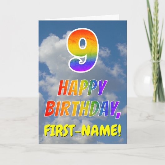 Carte Rainbow Look "9" & "HEUREUX ANNIVERSAIRE", Nuages, (Devant)