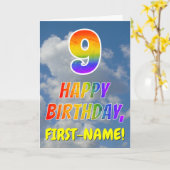 Carte Rainbow Look "9" & "HEUREUX ANNIVERSAIRE", Nuages, (Fleur jaune)