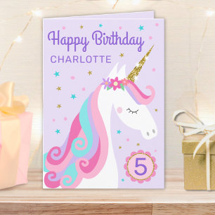 Carte Rainbow Unicorn âge personnalisé violet anniversai