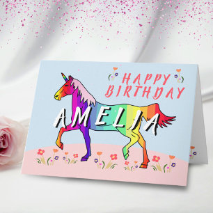 Carte Rainbow Unicorn Flower Girl Joyeux anniversaire