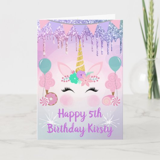 Carte Rainbow Unicorn Visage et sucreries Anniversaire (Devant)