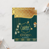 Carte Ramadan Kareem Calligraphie arabe verte dorée (Devant/Arrière en situation)