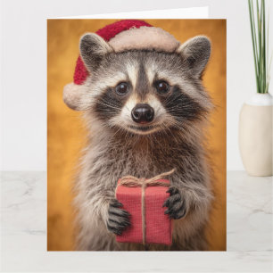 Carte Raton laveur adorable avec un chapeau de Père Noël