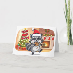 Carte Raton laveur mignon de Noël mangeant des biscuits