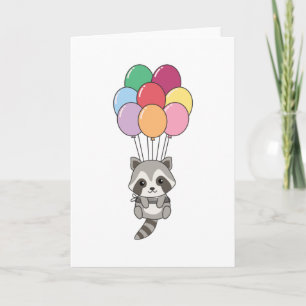 Carte Raton laveur s'envole avec des ballons colorés