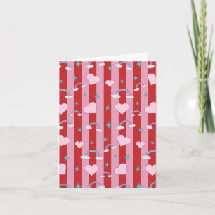 Carte rayée rose et rouge avec arcs-en-ciel et cœu