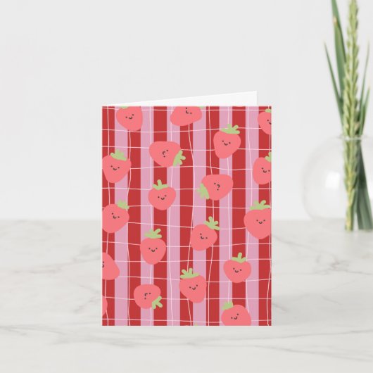 Carte rayée rose et rouge, avec des fraises (Devant)