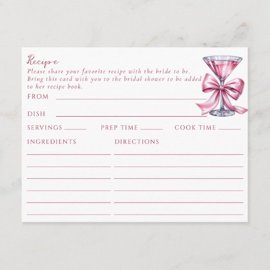 Carte Recette à thème à martini rose double face (Devant)