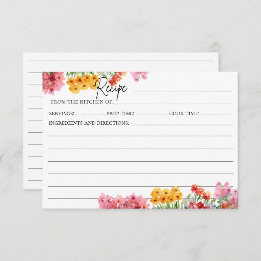 Carte Recette Aquarelle Colorée Fleurs Roses (Devant / Derrière)