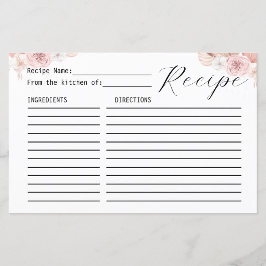 Carte Recette Boho Rose Blanc & Gris Florals Boho (Devant)