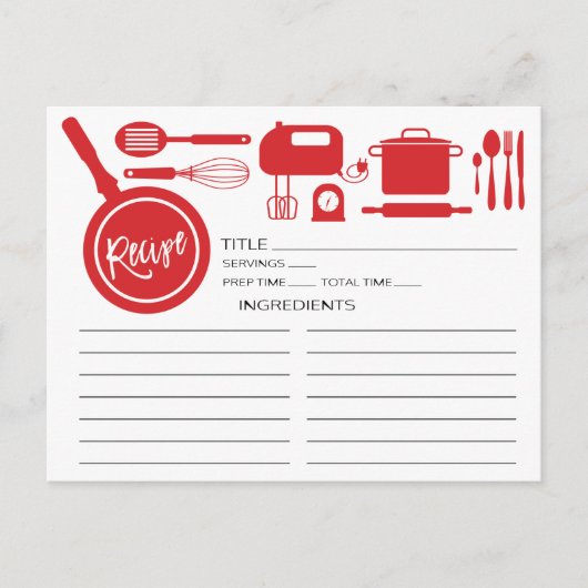 Carte Recette d'ustensiles de cuisine rouge modern (Devant)