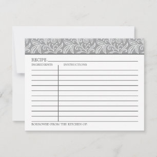 Carte Recette élégante de dentelle florale grise et blan