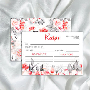 Carte Recette Fleurs d'aquarelle gris rouge