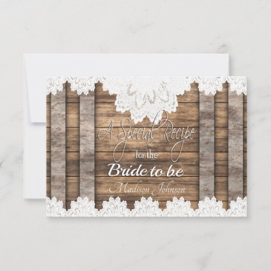 Carte Recette nuptiale en bois rustique et dentelle (Devant)