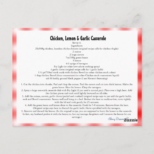 Carte Recette Poulet, Citron & Ail Casserole Recet (Dos)