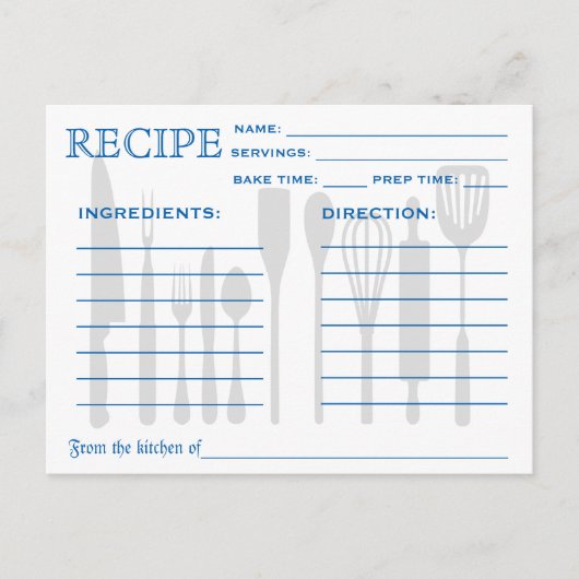Carte Recette Rétro Outils de cuisine Bleu rayé (Devant)