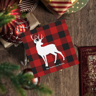 Carte Red Buffalo Plaid & Deer   Nom personnel Cadeau