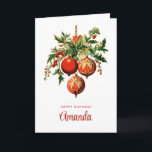Carte Red Christmas Baubles avec Holly Festive<br><div class="desc">Carte d'anniversaire avec une illustration de style vintage. 3 boules de Noël rouges entourées de saints verts et de baies. Cool rétro.</div>
