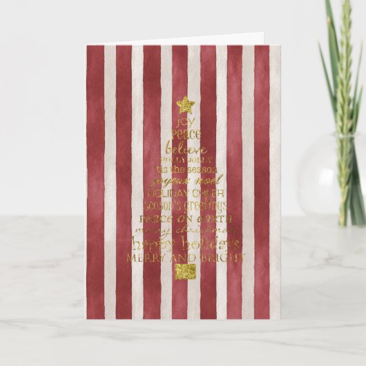 Carte Red Cream Stripes Gold Merry Christmas Tree (Devant)