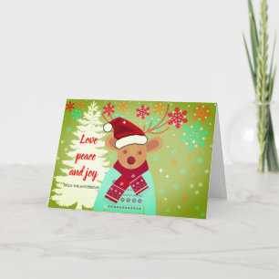 Carte Red Cute Reindeer Christmas Tree Snowflake Vintage
