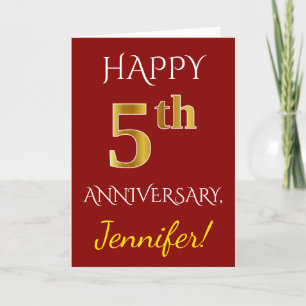 Carte Red, Faux Gold 5e anniversaire Mariage + nom