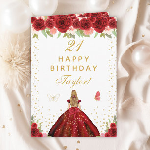 Carte Red Floral Blonde Hair Girl Joyeux anniversaire