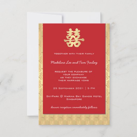 Carte Red & Gold Double Bonheur Chinois Mariage Invitati (Devant)