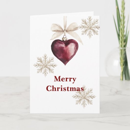 Carte Red Heart Ornament Cream Bow Snowflakes Christmas (Devant)