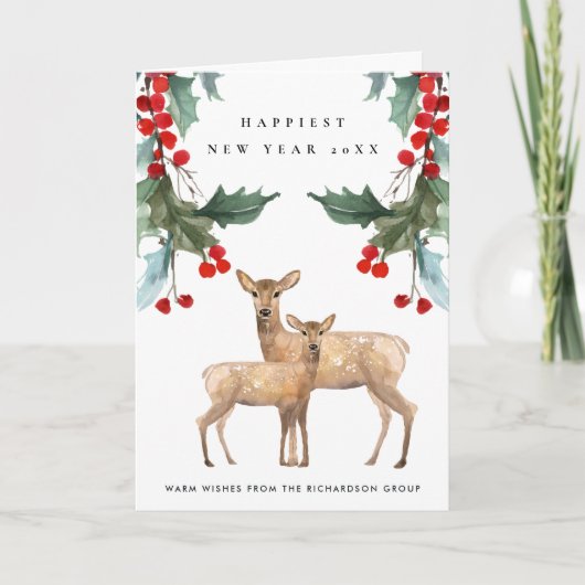 CARTE RED HOLLY BERRY DEER DUO NOUVEL AN LOGO D'ENTREPRI (Devant)