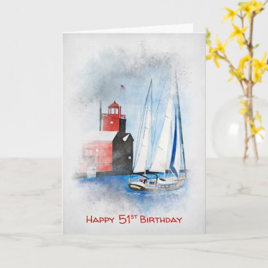 Carte Red Lighthouse and Sailboat 51e anniversaire (Fleur jaune)
