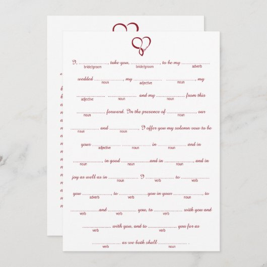 Carte Red Love Heart Mariage Libs Jeu (Devant / Derrière)