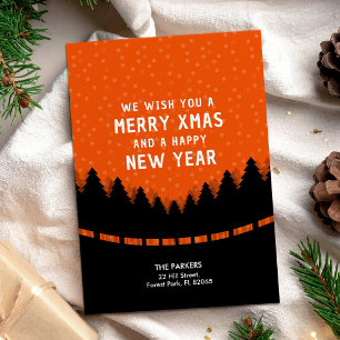 Carte Red Merry Xmas avec style rétro forêt et neige
