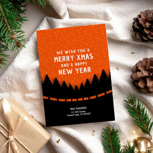 Carte Red Merry Xmas avec style rétro forêt et neige