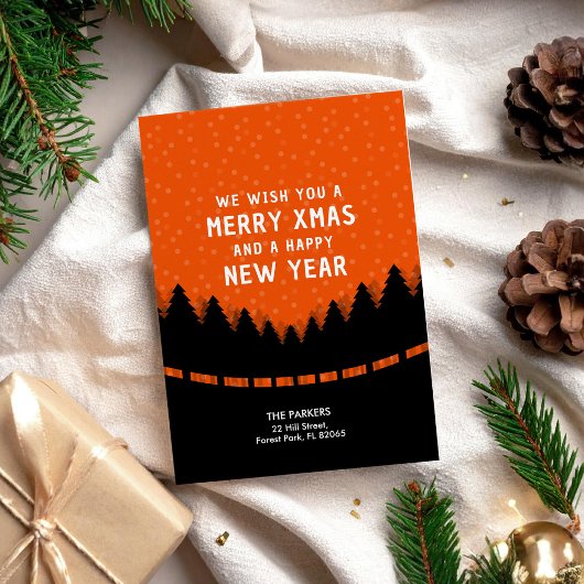 Carte Red Merry Xmas avec style rétro forêt et neige