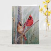 Carte Red Northern Cardinal Bird Pair Aquarelle Art (Fleur jaune)