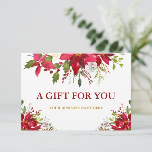 Carte Red Poinsettia Floral Gold Certificat cadeau (Debout devant)