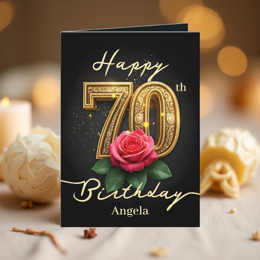 Carte Red Rose and Gold Filigree Numéro 70e anniversaire