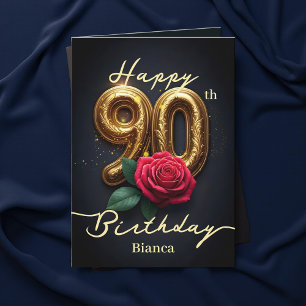 Carte Red Rose et Gold Filigree Numéro 90e anniversaire