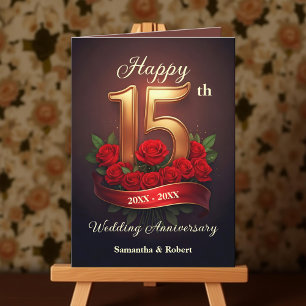 Carte Red Roses et Gold Numéro 15e anniversaire Mariage