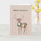 Carte Red Santa Hat Reindeer Brown rayures Noël (Fleur jaune)