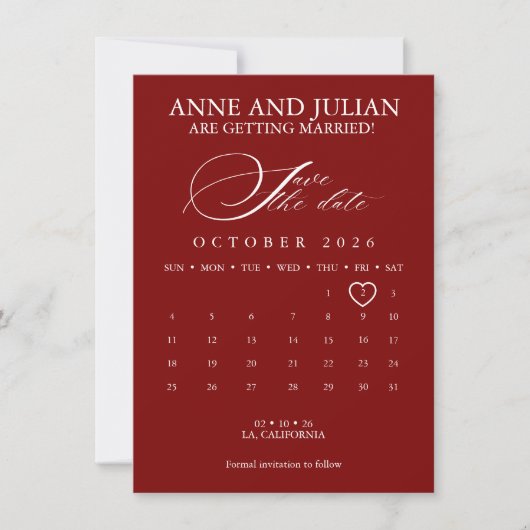 Carte Red Save the date card calendar & photo (Devant)