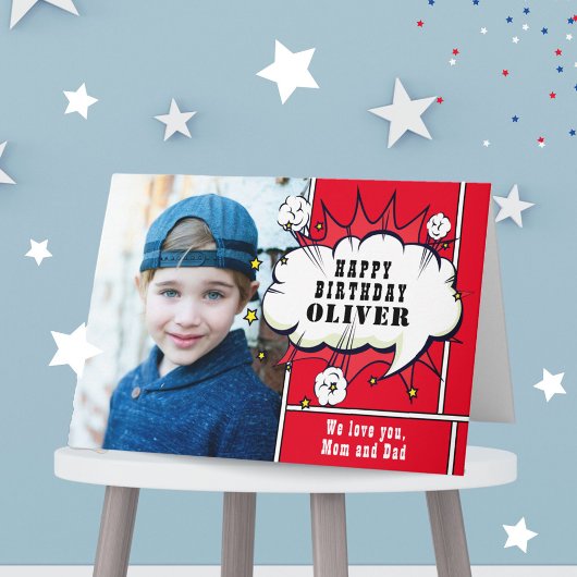 Carte Red Superhero Comic Boy Photo Anniversaire