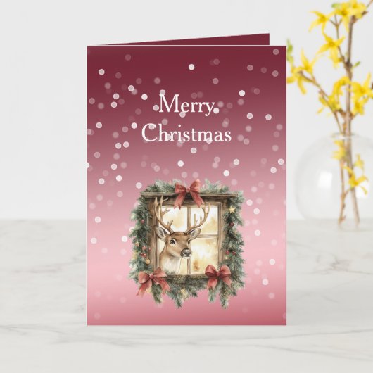 Carte Red White Bokeh Dots Christmas Deer in Window (Fleur jaune)