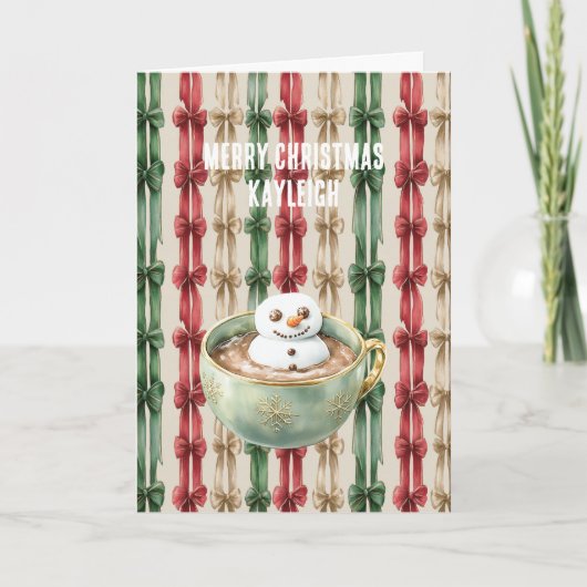 Carte Red White Stripes Christmas Ribbons Snowman (Devant)
