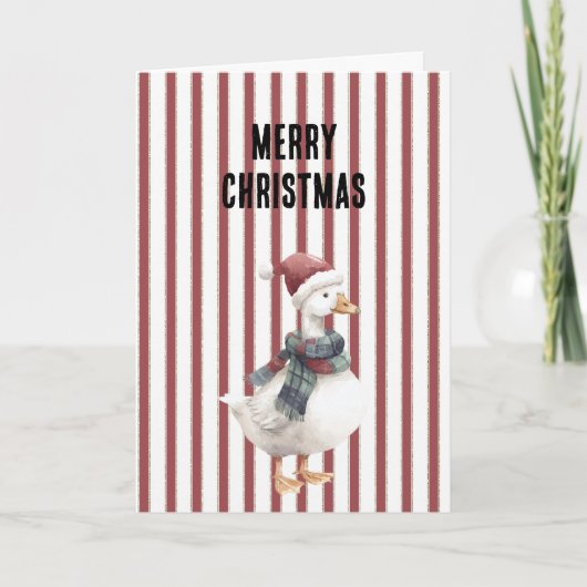 Carte Red White Stripes Goose with Santa Hat Christmas (Devant)
