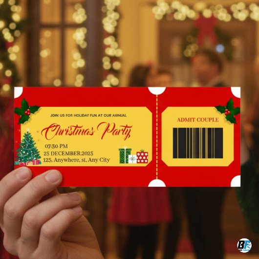 Carte Red & Yellow Bold Christmas Party Entry P Ticket 