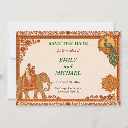 Carte Regal Indian Elephant Gold & Saffron Save the Date (Devant)