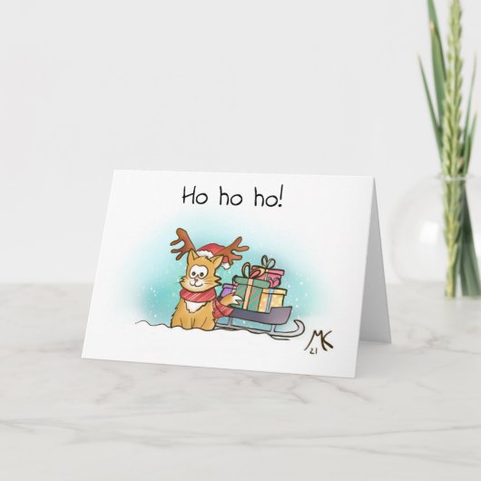 Carte Reindeer Kitty et Sleigh avec des présents Noël (Devant)