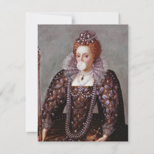 Carte Reine Élisabeth Ière soufflant du chewing-gum blan