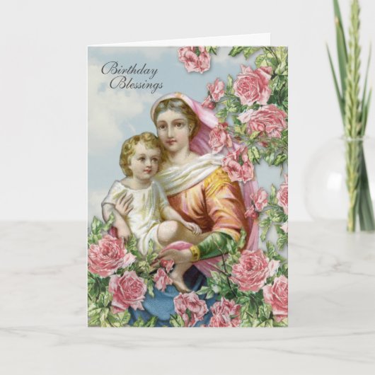 Carte Religieux Anniversaire Vierge Marie Jésus Roses ro (Devant)